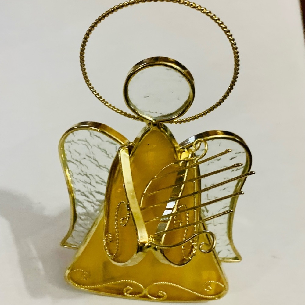 EUC ANGEL Playing HARP-Stained Glass Votive Candle Holder 7" Candelabra